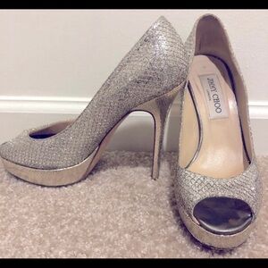 Jimmy Choo Crown Platform Gold/Silver Glitter Fabric Peep Toe Pump  US 36.5
